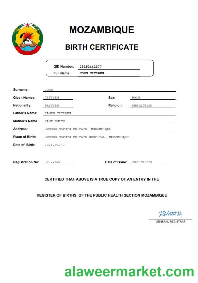 Mozambique birth certificate Word and PDF template
